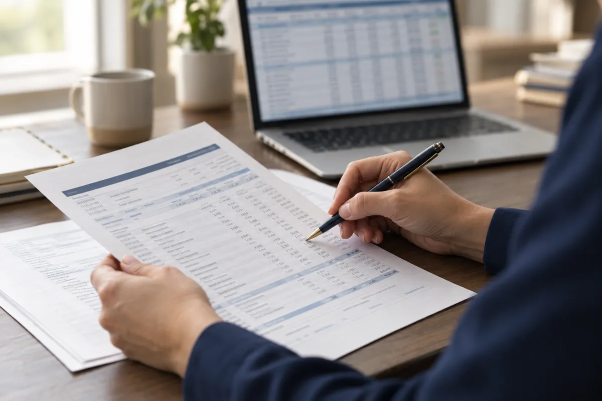 A billing specialist reviewing a printed claims statement